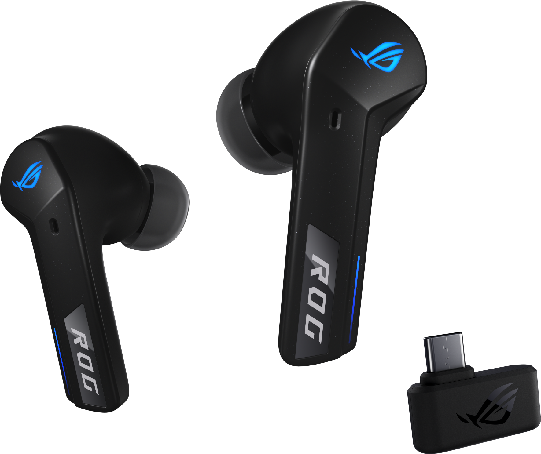 Due auricolari wireless neri e una custodia di ricarica nera.