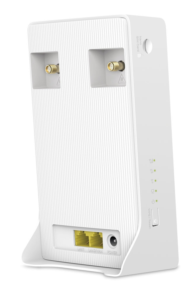 Biały router z portami i wskaźnikami na tylnej stronie.