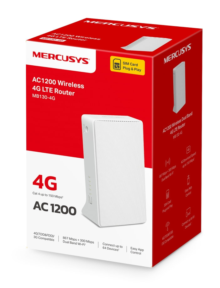 Router Mercusys AC1200 bezprzewodowy 4G LTE. Czerwone pudełko, biały router, gniazdo karty SIM.