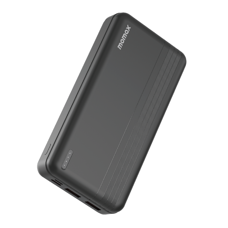 Yuvarlak kenarlı siyah, dikdörtgen bir powerbank. Üst kısımda Momax logosu ve oluklu tasarım var. Arka plan karanlık.