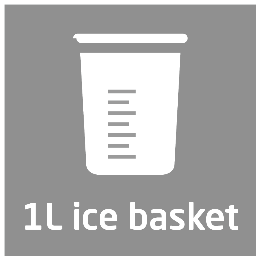 Fehér 1L-es jégkosár szürke háttéren, alatta címkével.