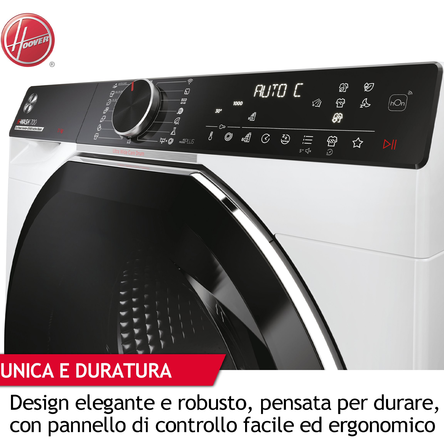Un pannello di controllo della lavatrice bianco e nero con il logo Hoover e il testo: UNICA E DURATA.