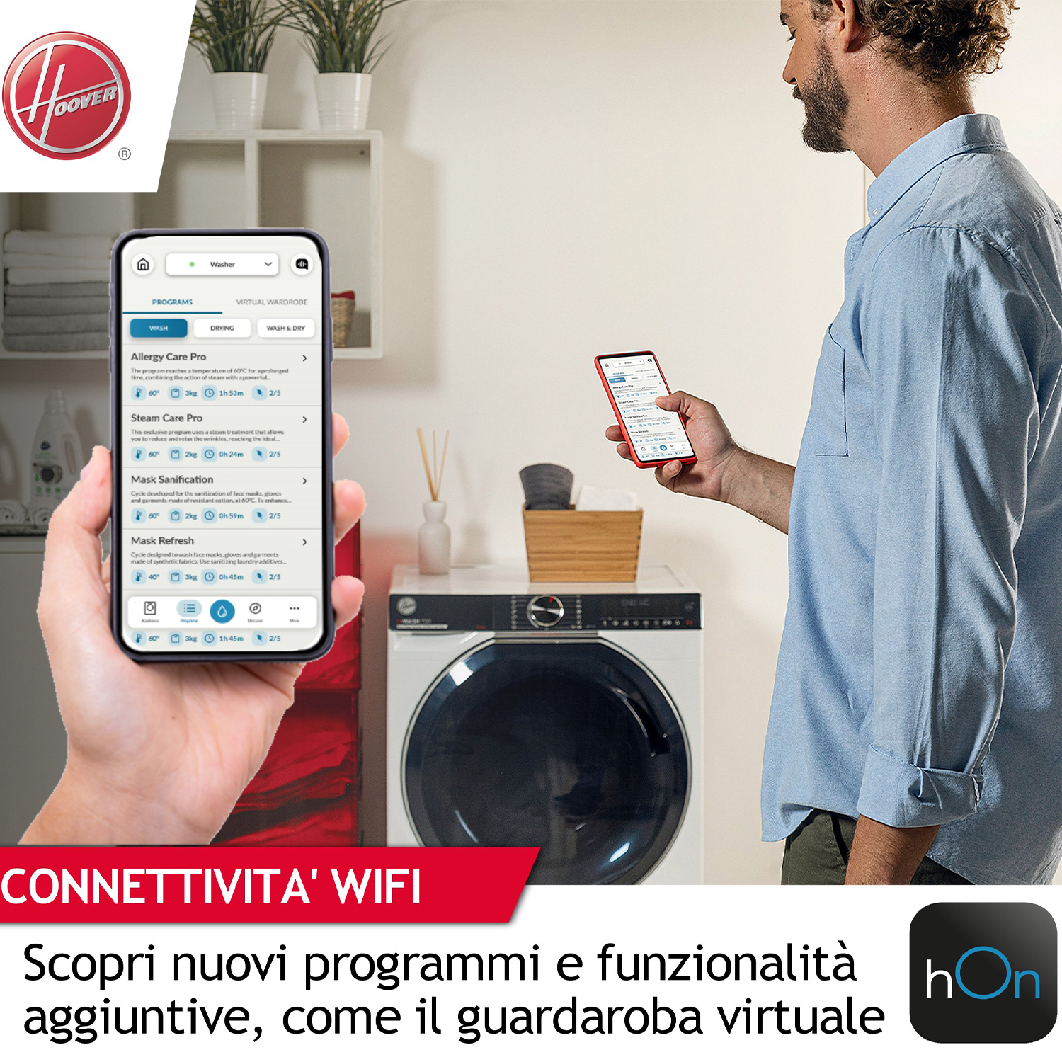 Persona che usa un telefono con una lavatrice sullo sfondo.