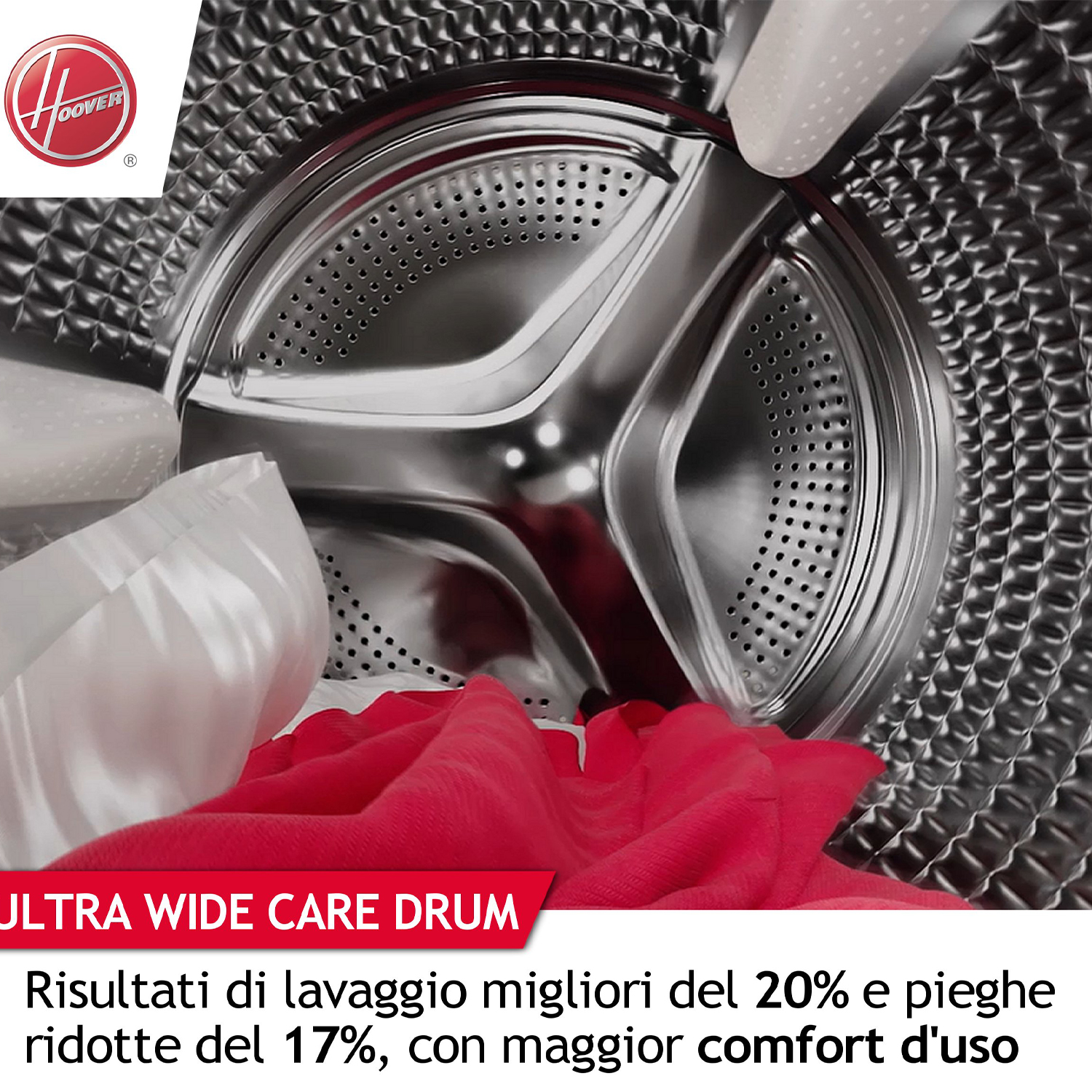 All'interno di un cestello della lavatrice con vestiti rossi e testo sui risultati del lavaggio.