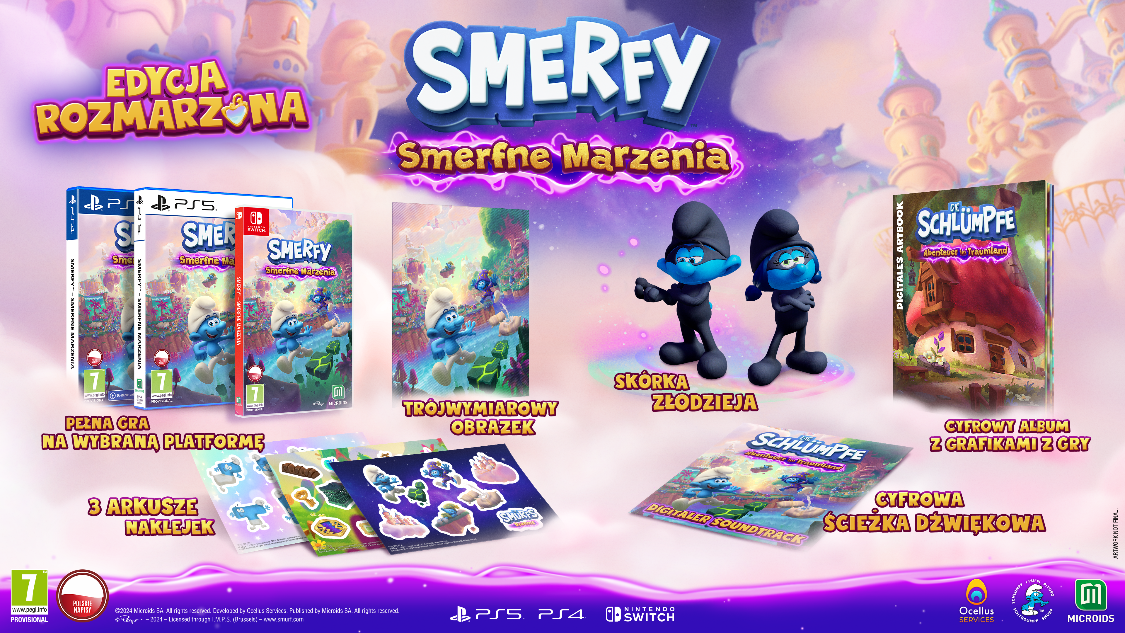 Obraz promocyjny gry Smerfy z pudełkami z grami, figurkami, naklejkami i płytą CD ze ścieżką dźwiękową. Tytuł: 'Smerfne Marzenia'.