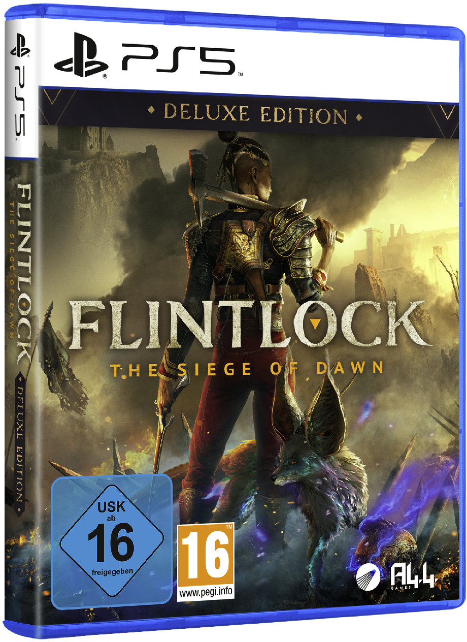 Flintlock: The Siege of Dawn, PS5-Spielbox mit Krieger und Fuchs. Blauer Hintergrund.