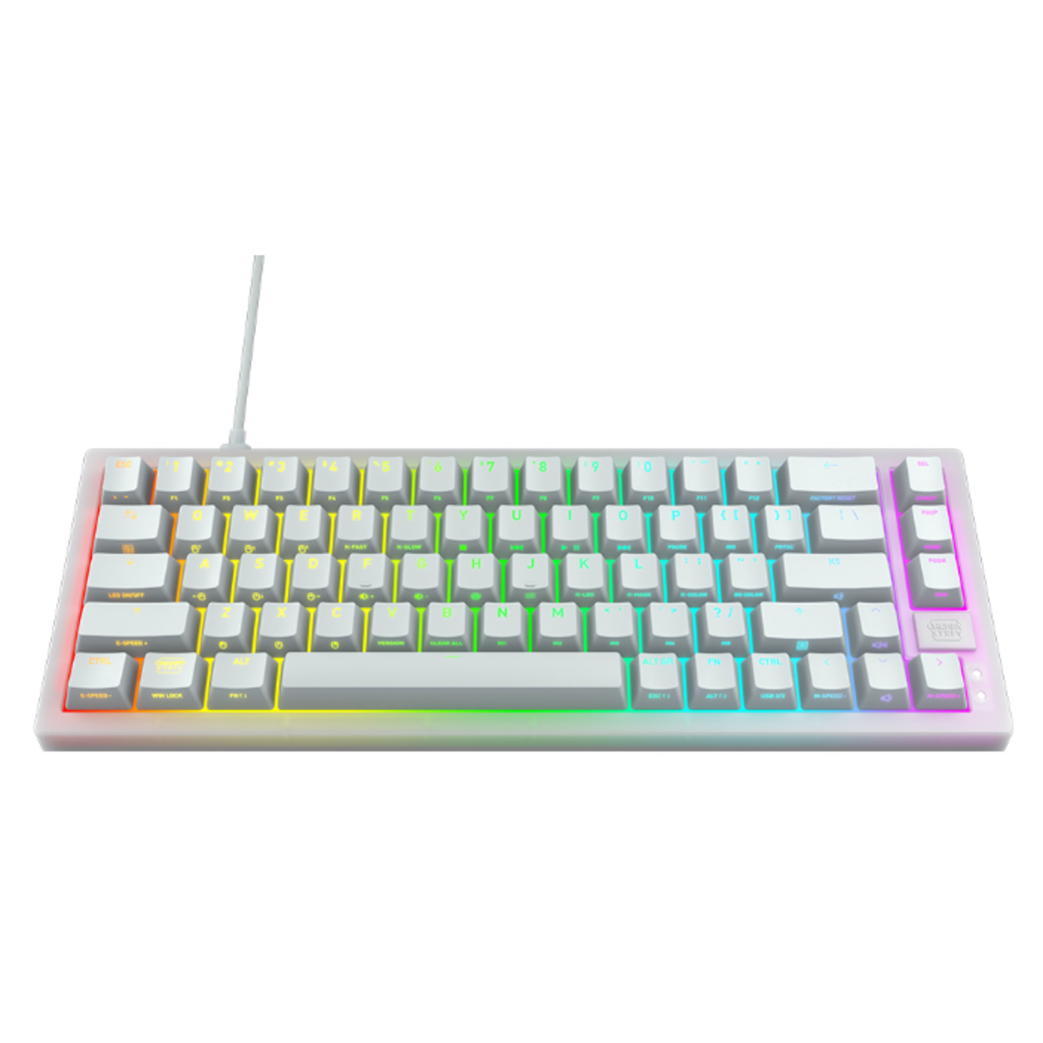 Wit toetsenbord met kleurrijke toetsen en een witte draad. Het toetsenbord heeft een regenboogverloop.