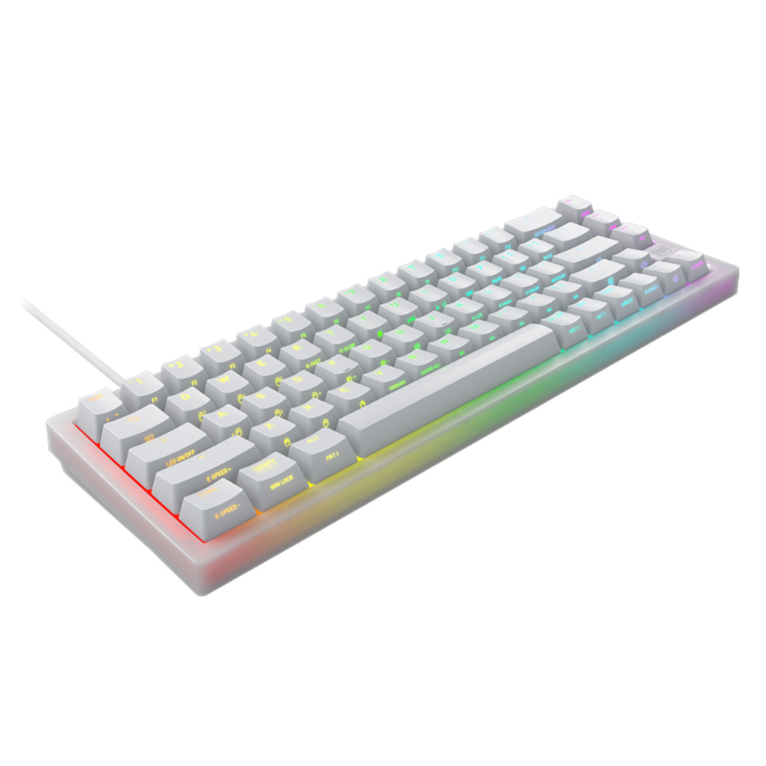 Een wit mechanisch toetsenbord met regenboogkleurige toetsen, schuine weergave.