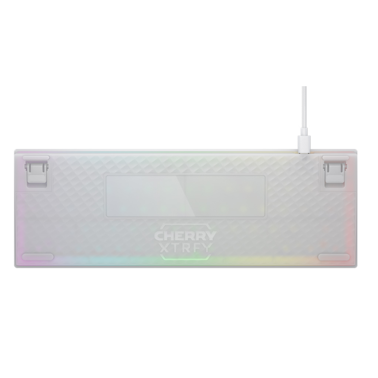 Een wit mechanisch toetsenbord met RGB-verlichting en een aangesloten USB-C-kabel.
