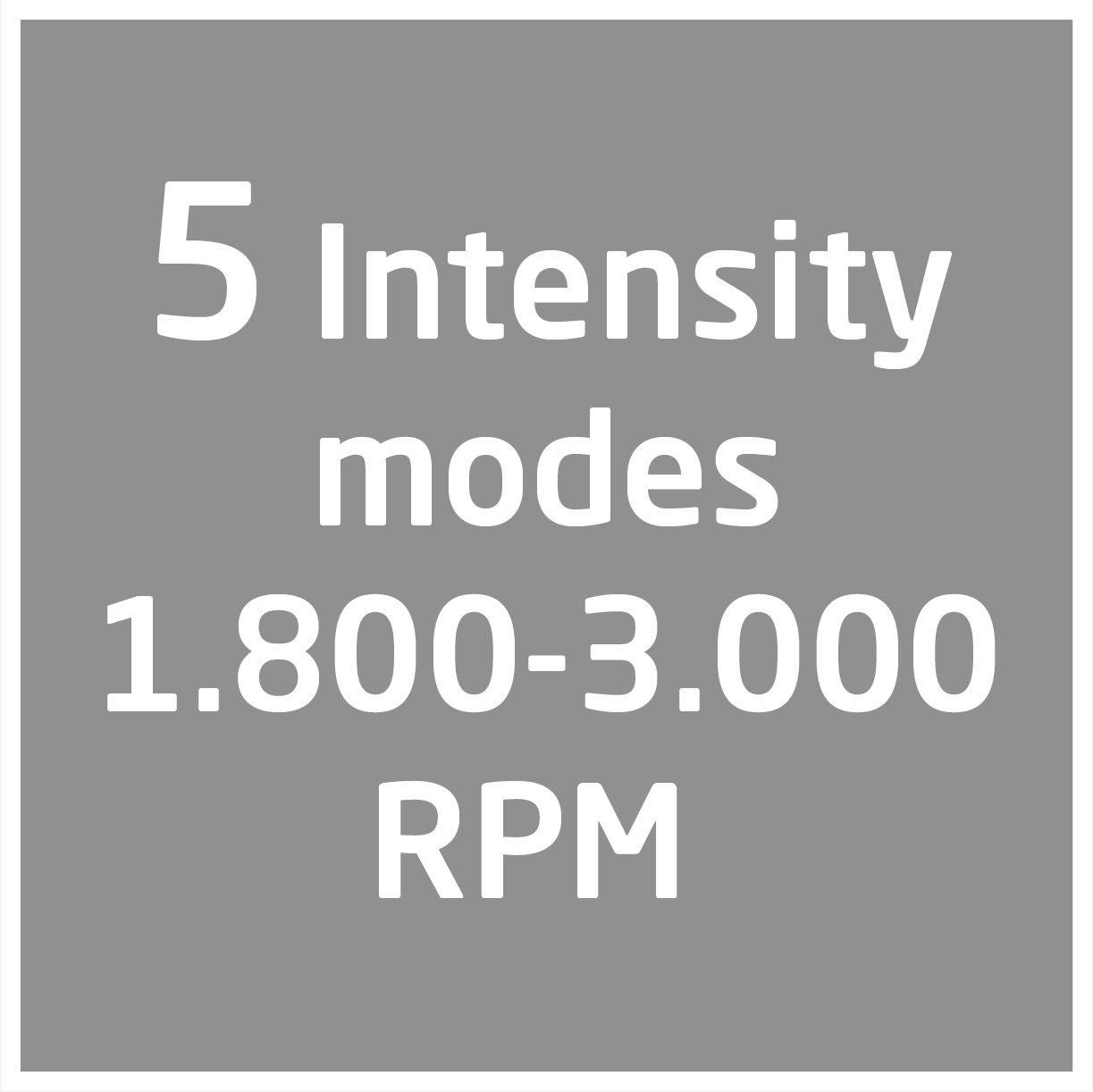 Szöveg szürke háttéren: 5 intenzitás mód 1.800-3.000 RPM.