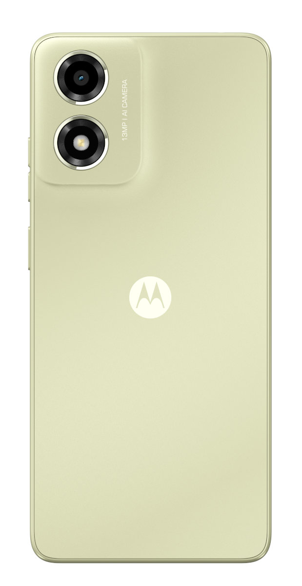 Jasnozielony smartfon z dwoma tylnymi aparatami i logo Motorola.