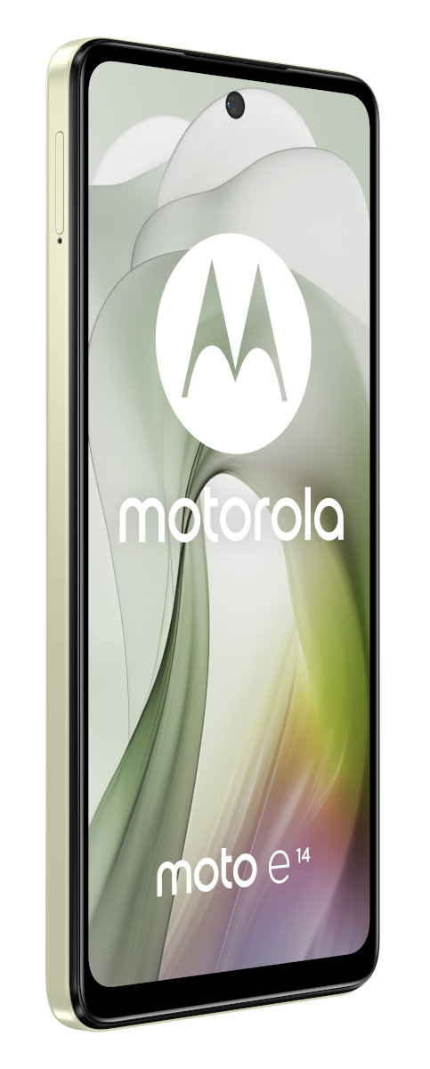 Telefon Motorola z zieloną ramką i białym ekranem z logo.