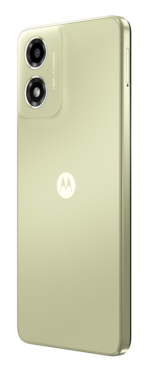 Jasnozielony smartfon w profilu, pokazujący tył z obiektywem aparatu, logo i bocznymi przyciskami.