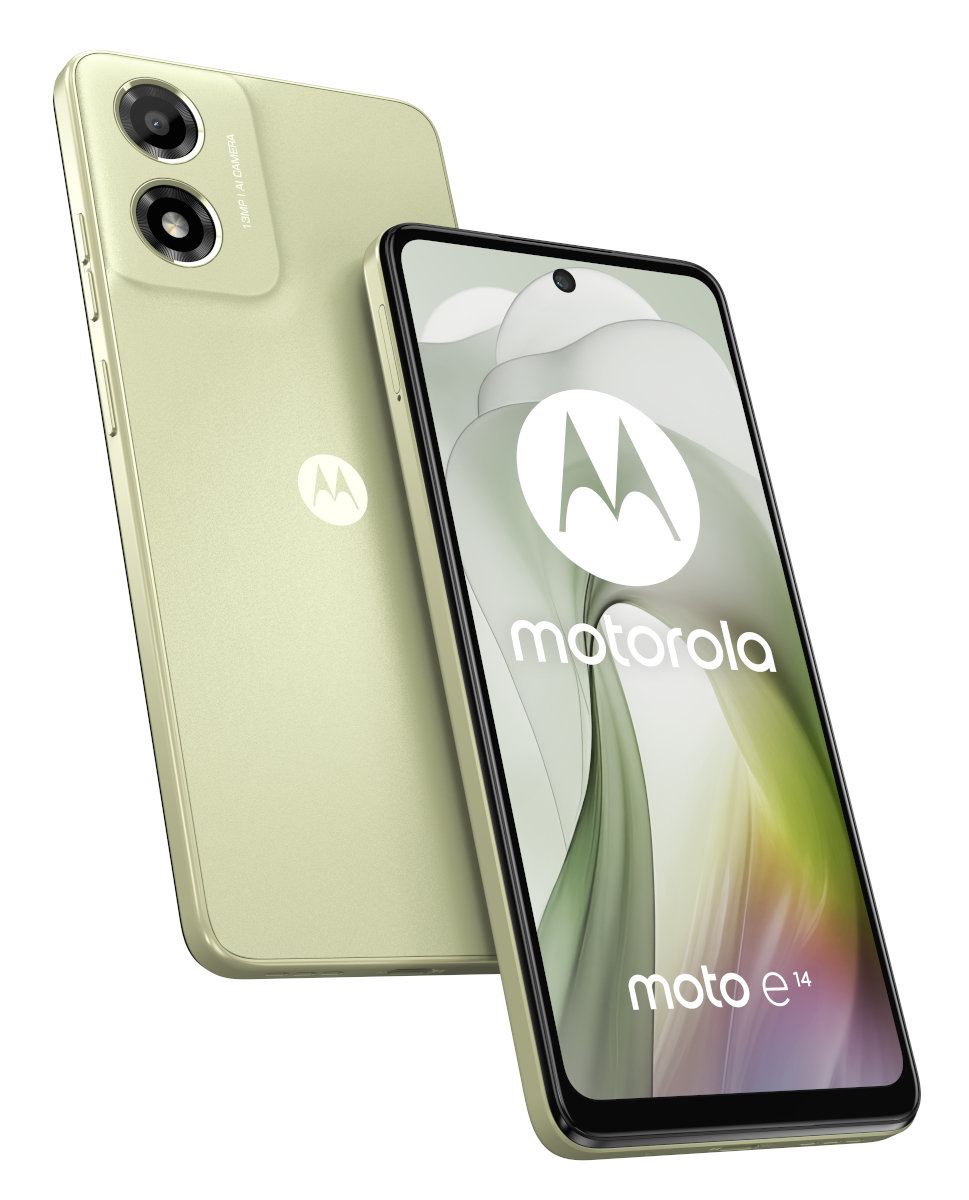 Dwutonowy zielony telefon Motorola, jeden pionowy i jeden pod kątem. Białe tło.