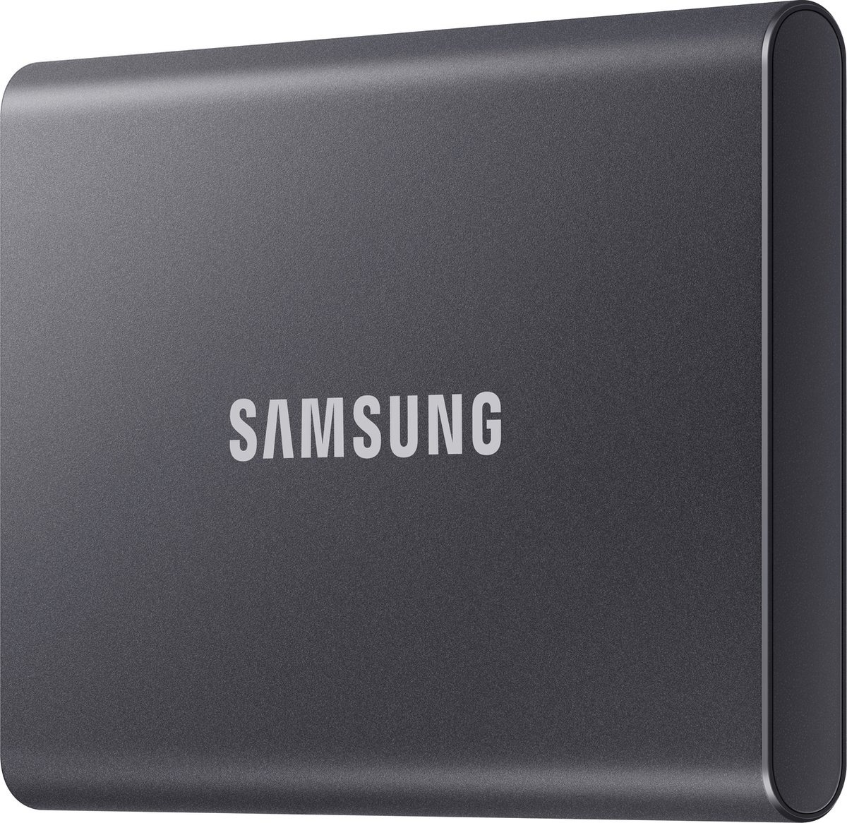 A dark grey Samsung external hard drive with the Samsung logo on it. White background.