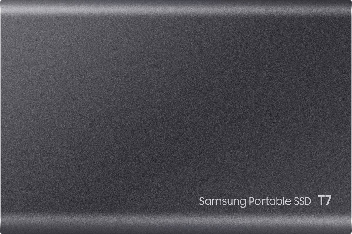 A dark grey Samsung Portable SSD T7 on a white background, with its name printed.
