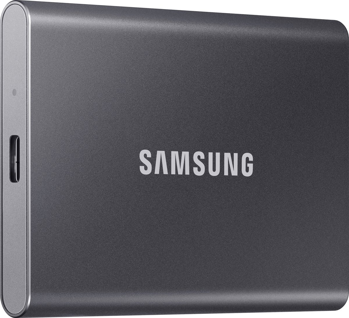A dark gray Samsung portable SSD. The 'SAMSUNG' logo is in white on the surface.