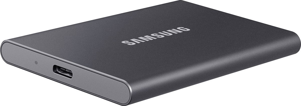 A dark gray Samsung external hard drive. It has a USB-C port.