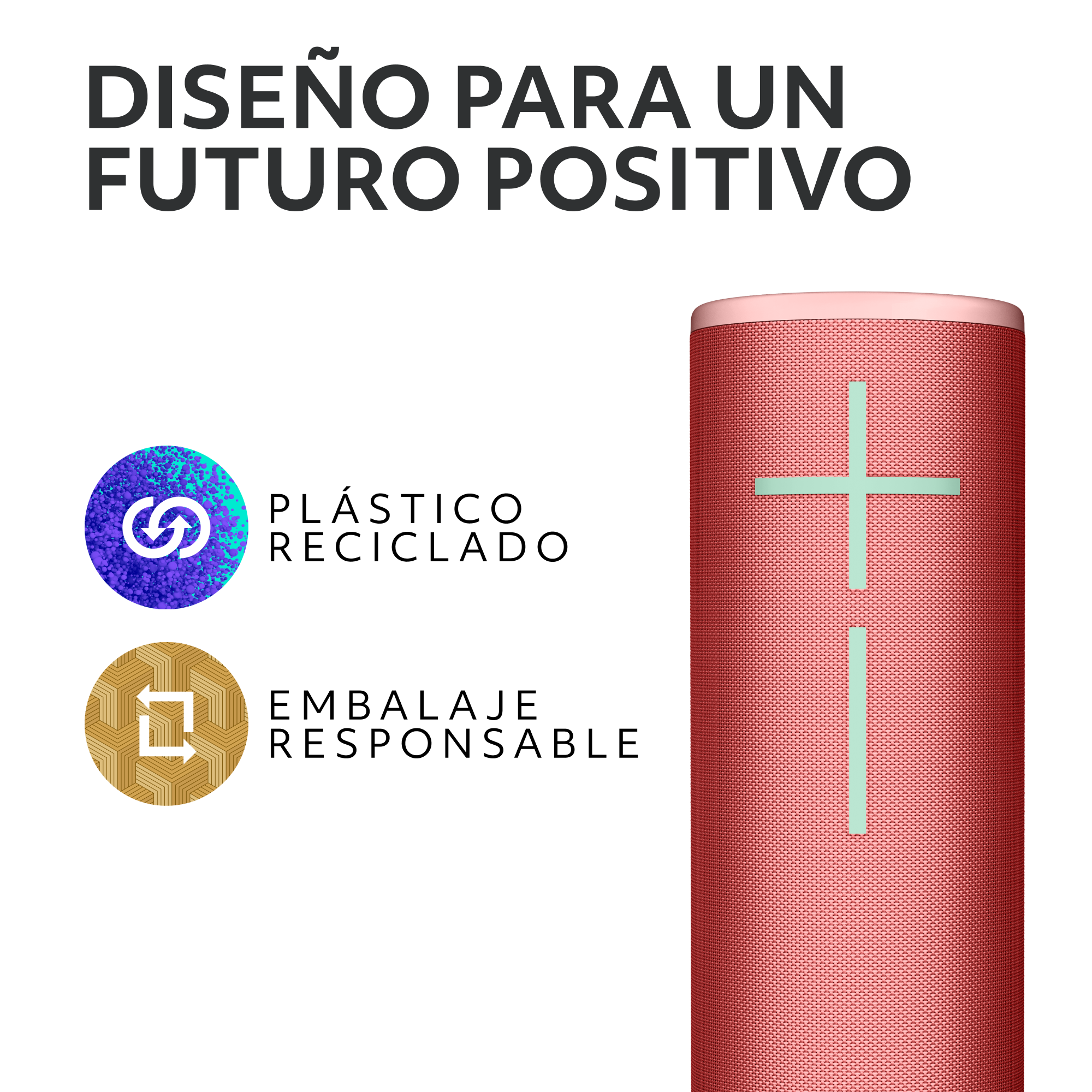 Altavoz rojo. Muestra dos iconos: plástico reciclado y embalaje responsable.