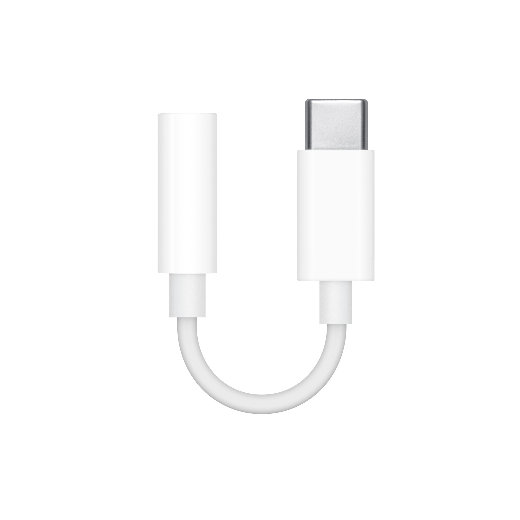 Adaptador blanco de USB-C a conector de auriculares de 3,5 mm. En forma de U.
