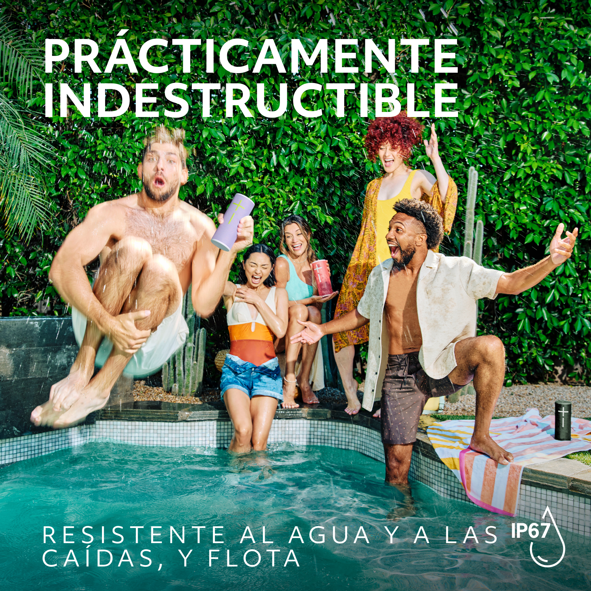 Gente saltando en una piscina, sosteniendo altavoces, con texto: prácticamente indestructible.