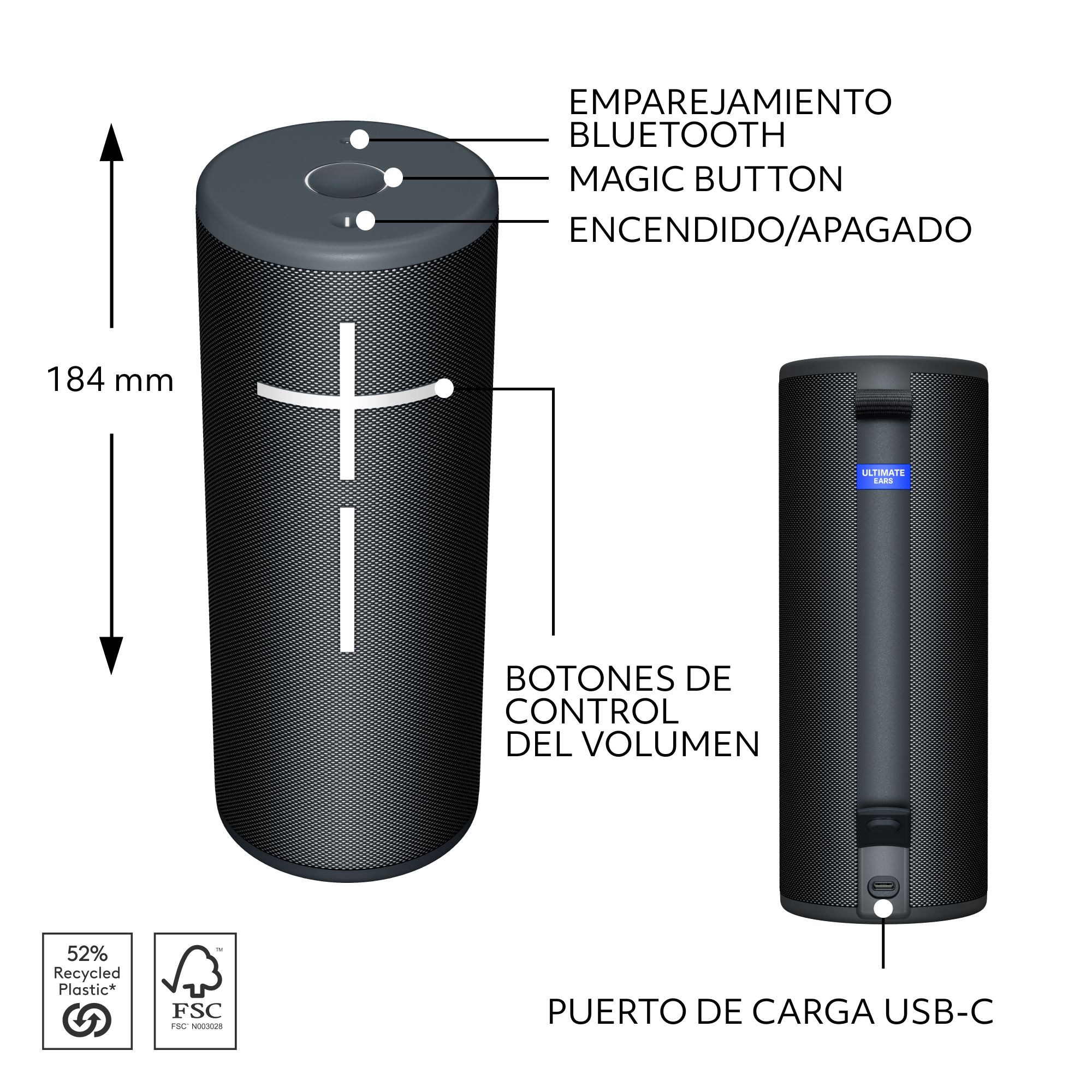 Dos altavoces cilíndricos negros con cruz blanca. Dimensiones: 184mm alto. Botones y texto visibles.