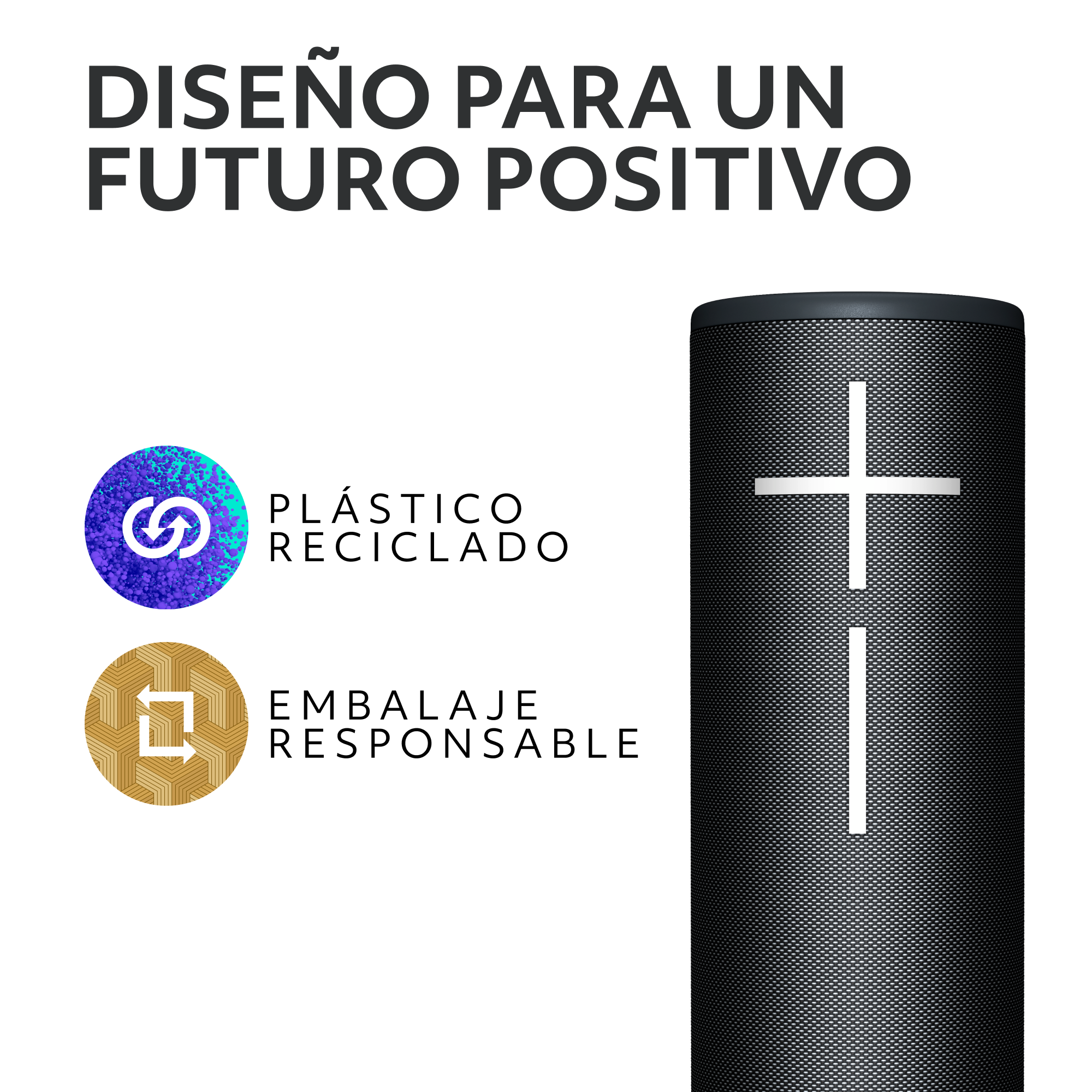 Un altavoz negro con texto y logotipos sobre plástico reciclado y embalaje responsable.
