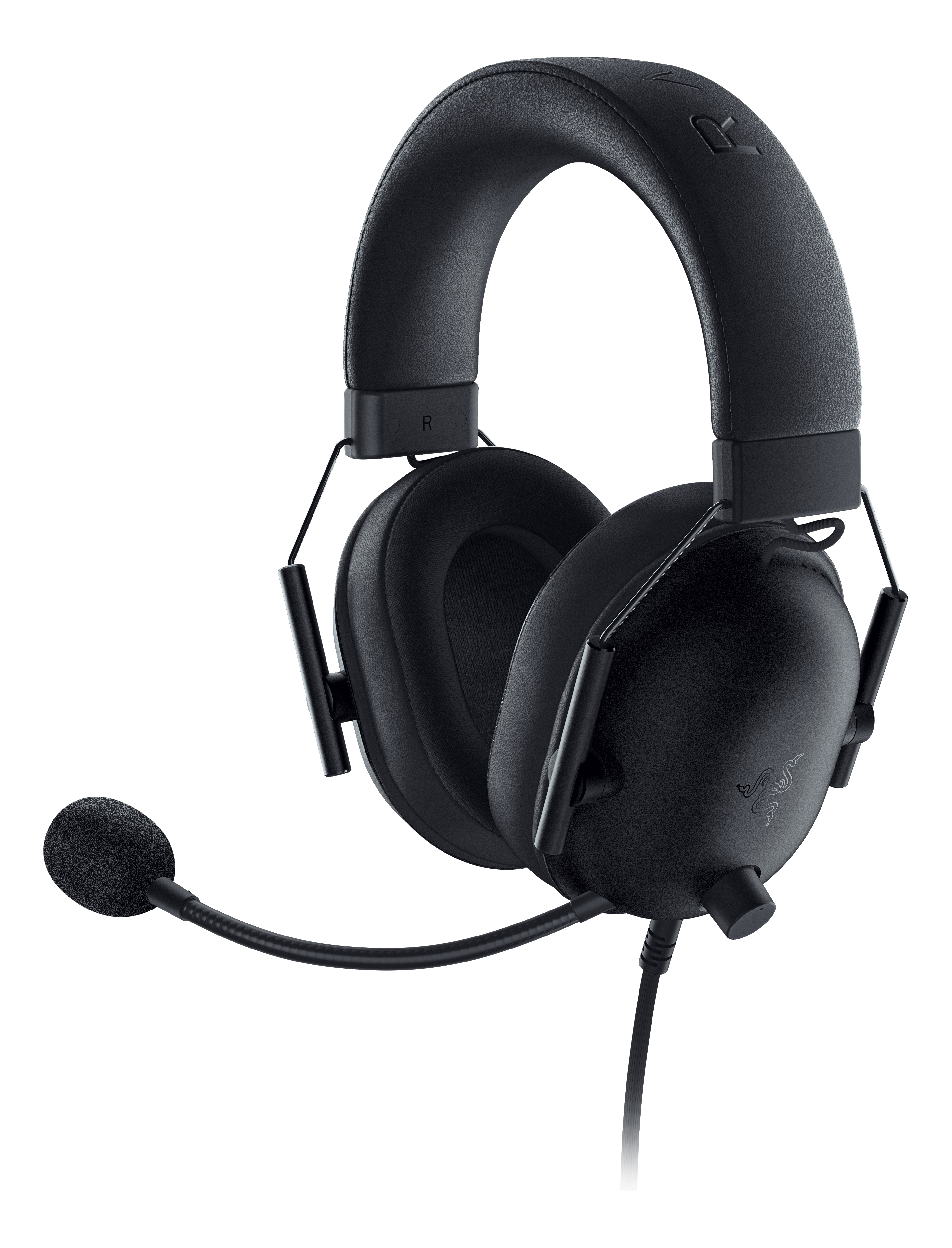 Schwarzes Razer-Gaming-Headset. Das Headset hat ein Mikrofon. Das Markenlogo ist sichtbar.