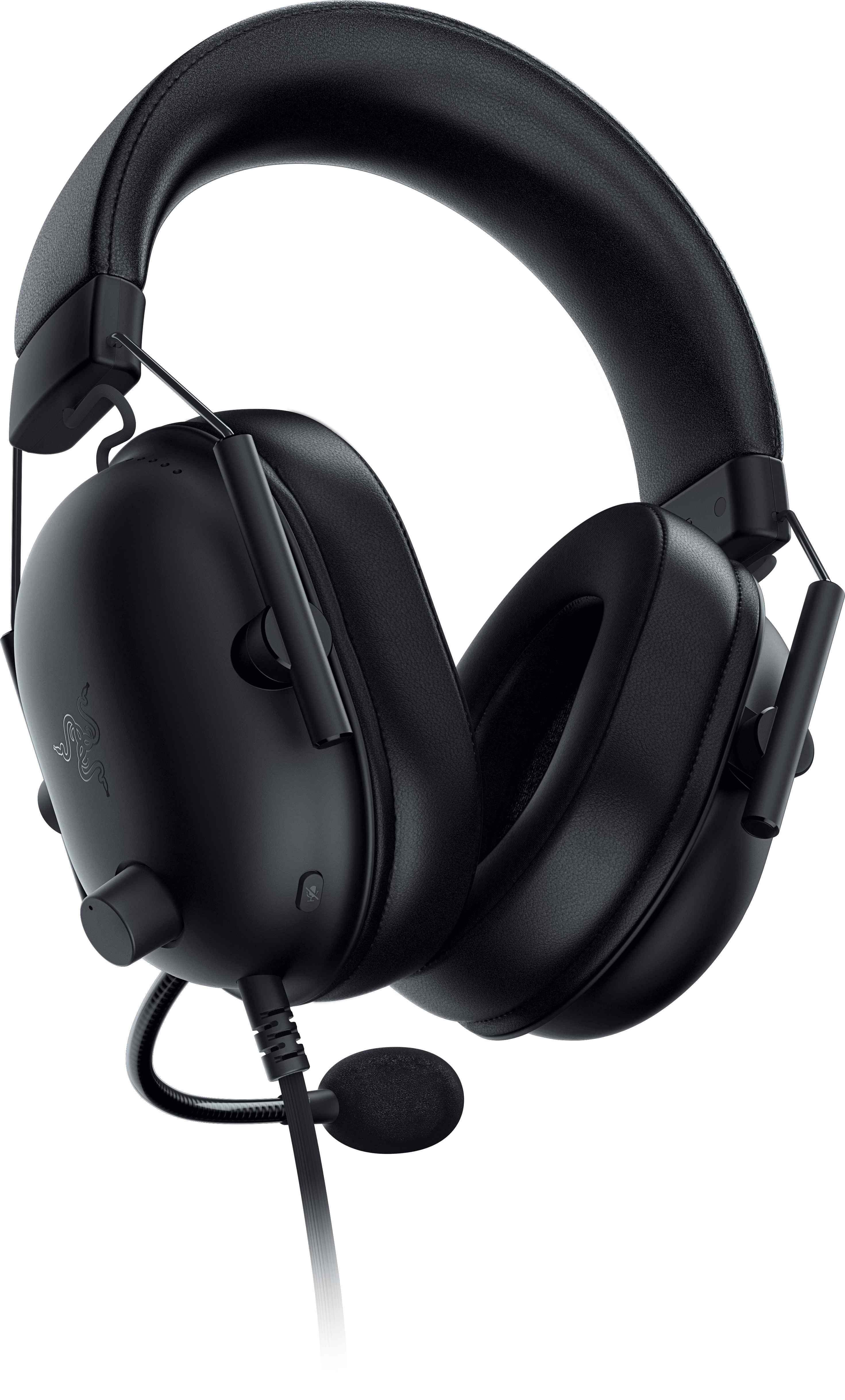 Schwarze Razer-Kopfhörer mit Mikrofon. Die Kopfhörer haben ein Logo auf den Ohrmuscheln.