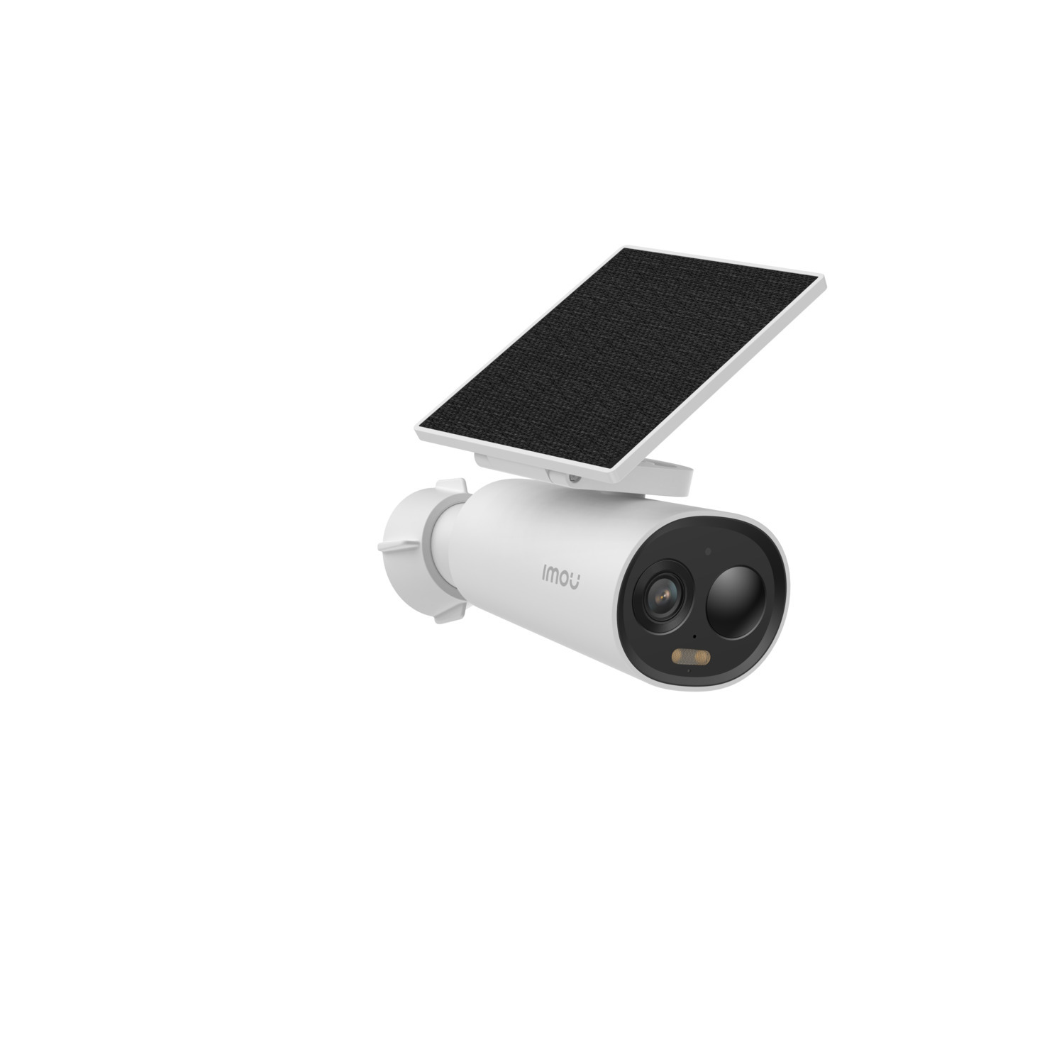 White Imou security camera with a black solar panel attached, on a white background.