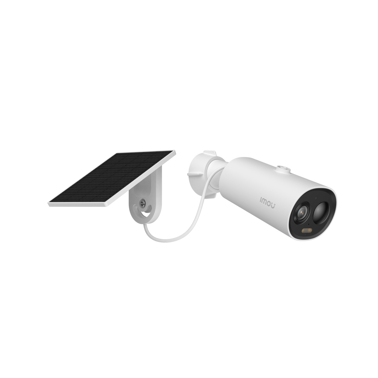 White security camera with solar panel, white background.