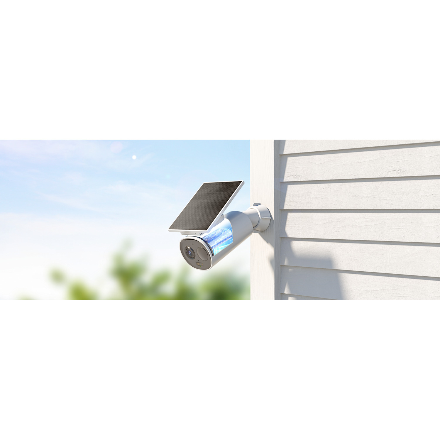A security camera with a solar panel attached, mounted on a white wall.
