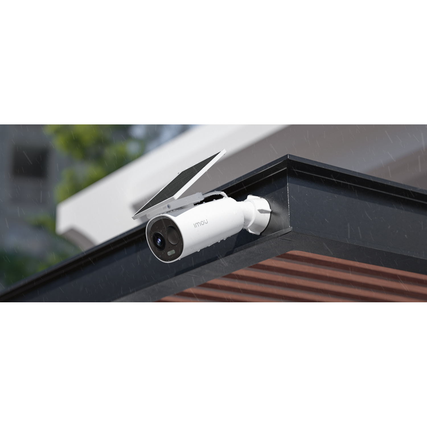 White security camera with solar panel, mounted on a structure.
