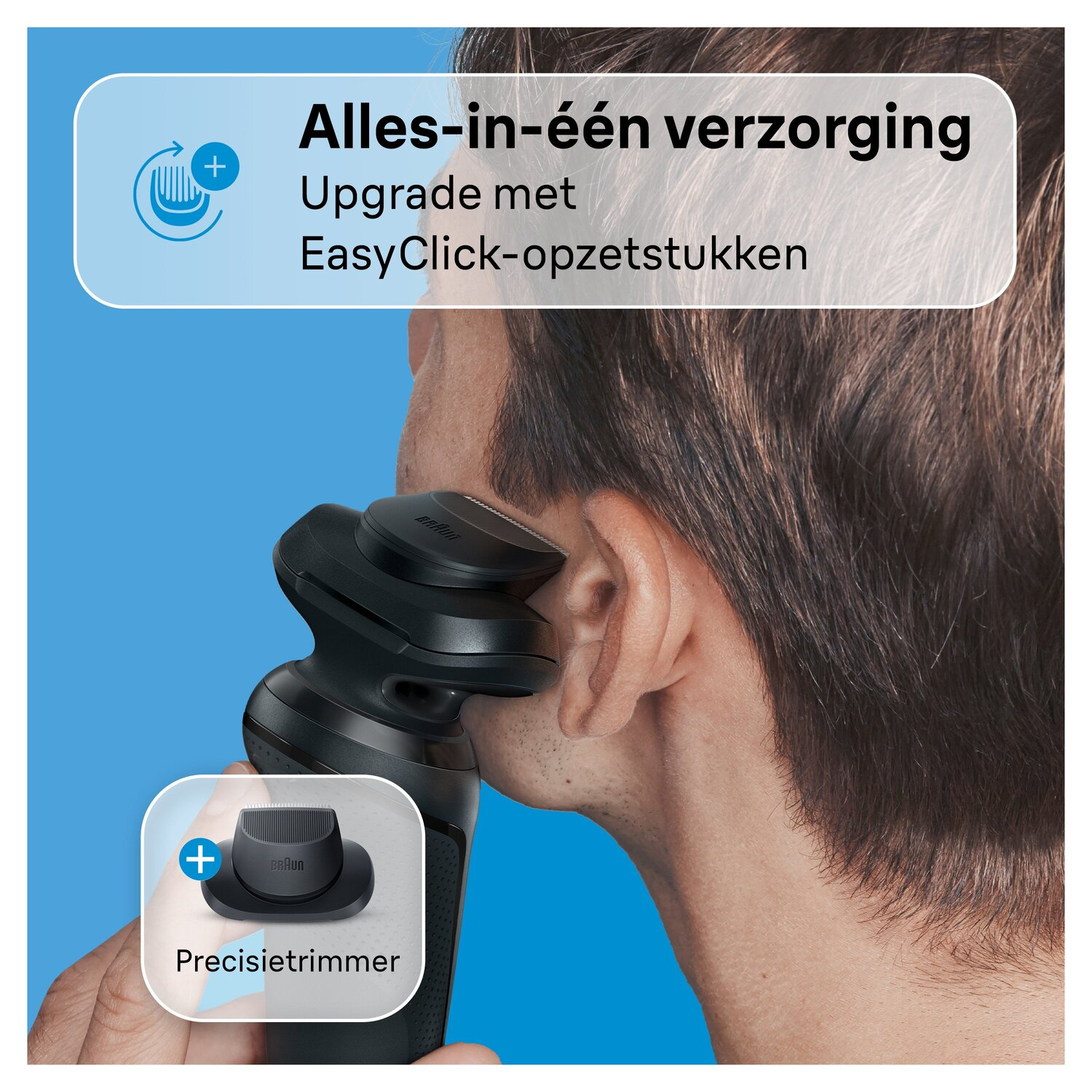 Man die zich scheert met een zwart elektrisch scheerapparaat, met functiebeschrijving in een tekstballon.
