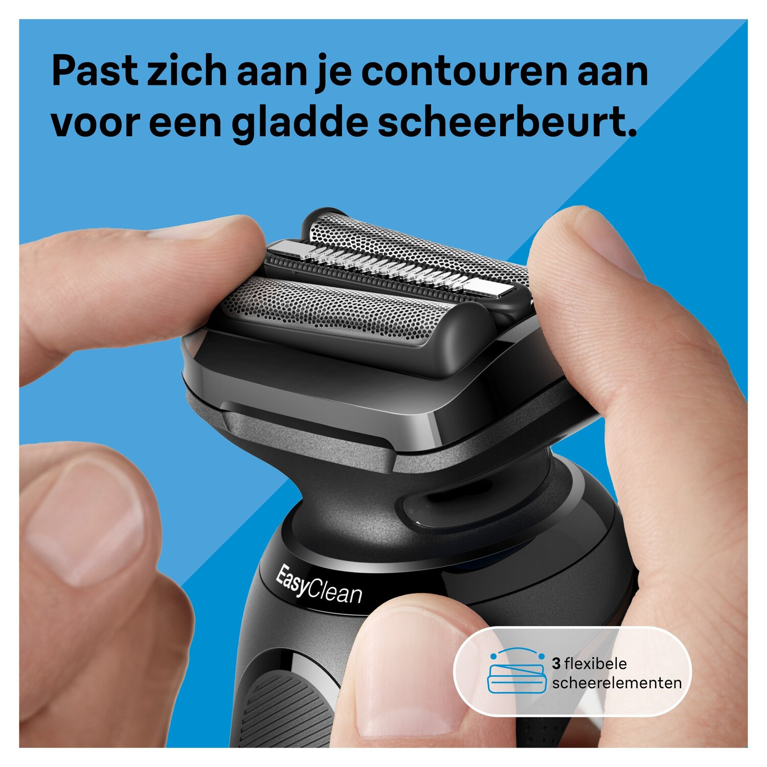 Een close-up van een zwart elektrisch scheerapparaat met de scheerkoppen zichtbaar.