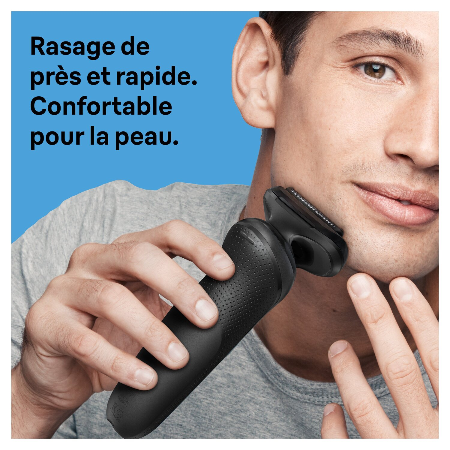 Un homme se rase avec un rasoir électrique. Texte : 'Rasage de près et rapide'.
