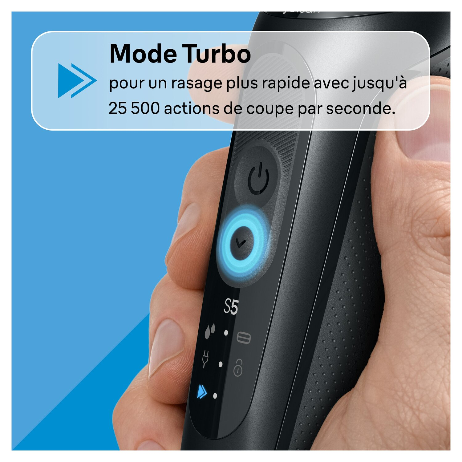 Gros plan sur un rasoir noir avec une lumière bleue et un texte qui dit 'Mode Turbo'.