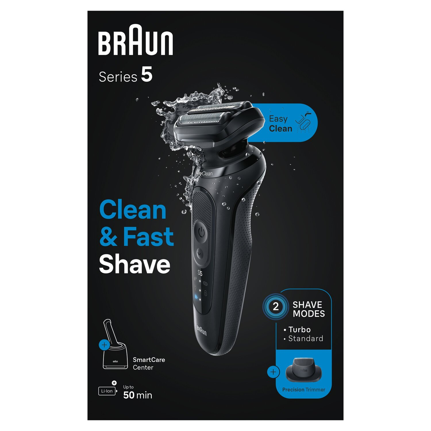 Zwart scheerapparaat met tekst 'Clean & Fast Shave' en details over scheermodi en een SmartCare Center.