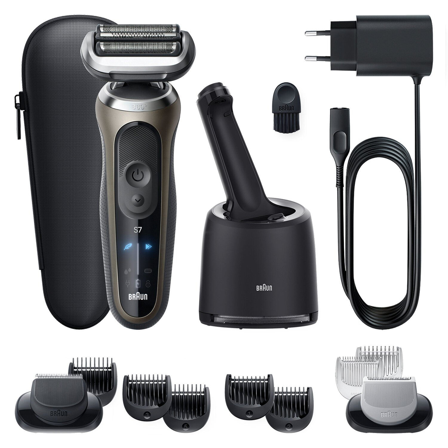 Braun Series 7 shaver with accessories, black and silver.