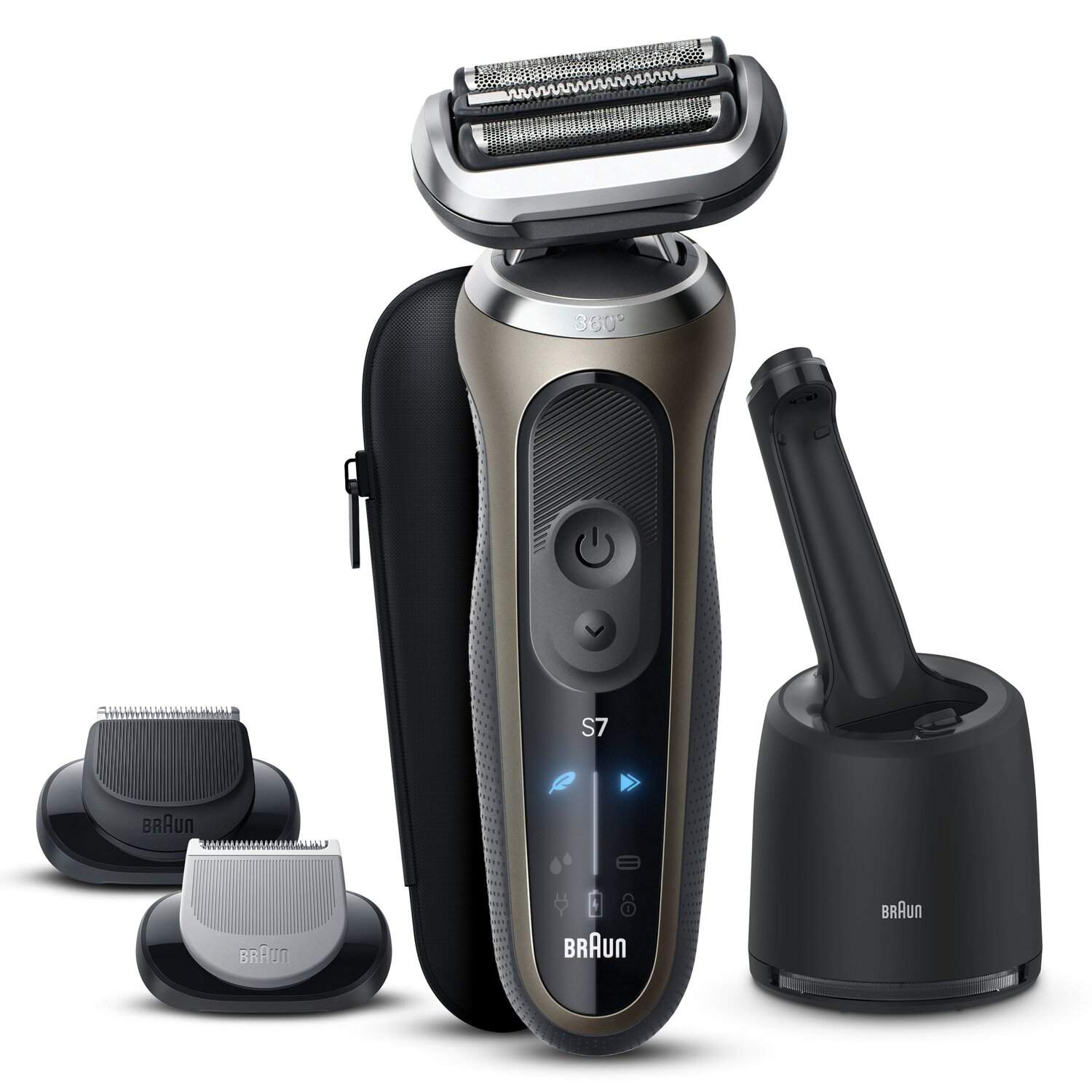 Braun electric shaver with charging stand and additional heads.