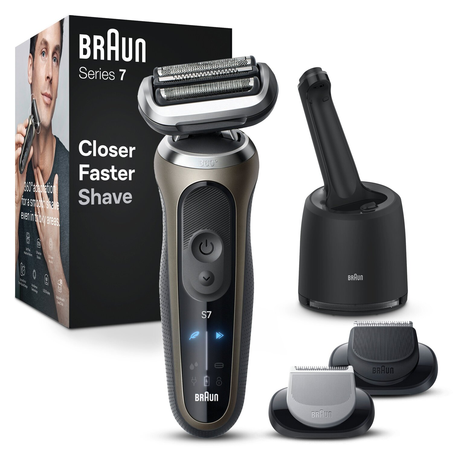 Braun Series 7 electric shaver with charging station, cleaner, and box with the product info.