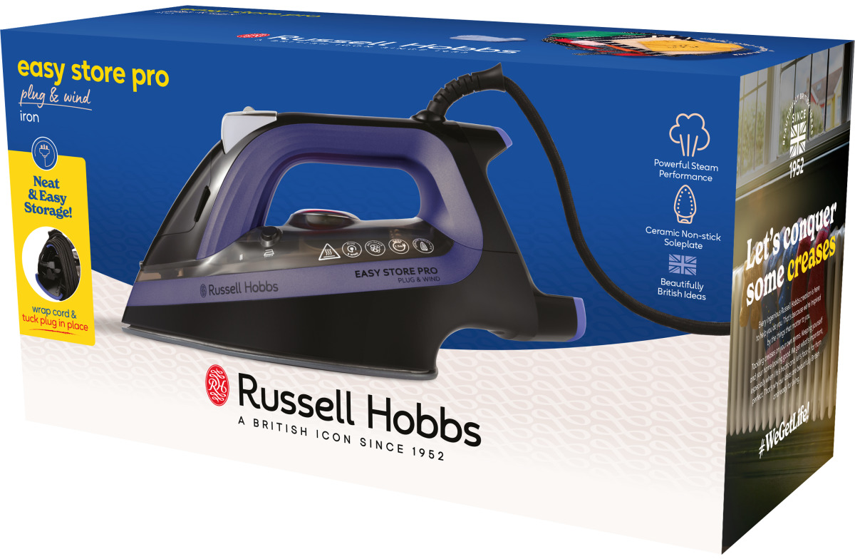 Ein schwarzes und lila Russell Hobbs Bügeleisen in einer Box.