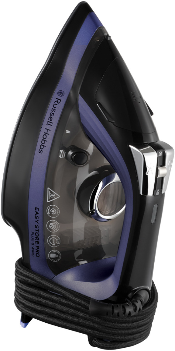 Ein schwarz-blaues Bügeleisen mit gewickeltem Kabel. Der Markenname ist Russell Hobbs.