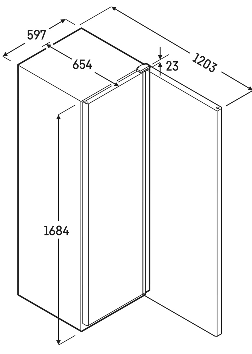 Ein Diagramm eines Kühlschranks mit Abmessungen in Millimetern, das die offene Tür zeigt.