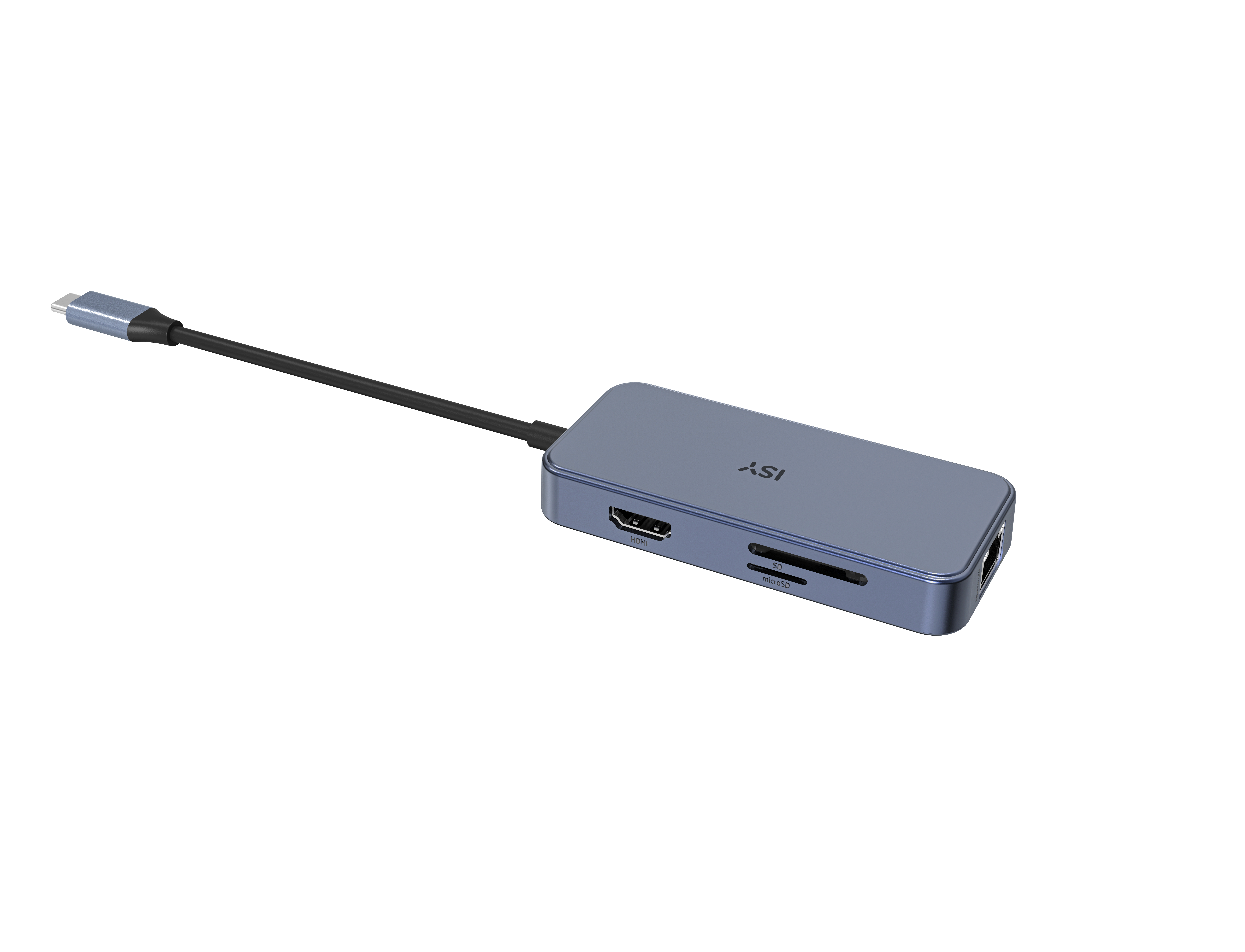 Ein blauer USB-C-Hub mit mehreren Anschlüssen. An einem schwarzen Kabel befestigt.