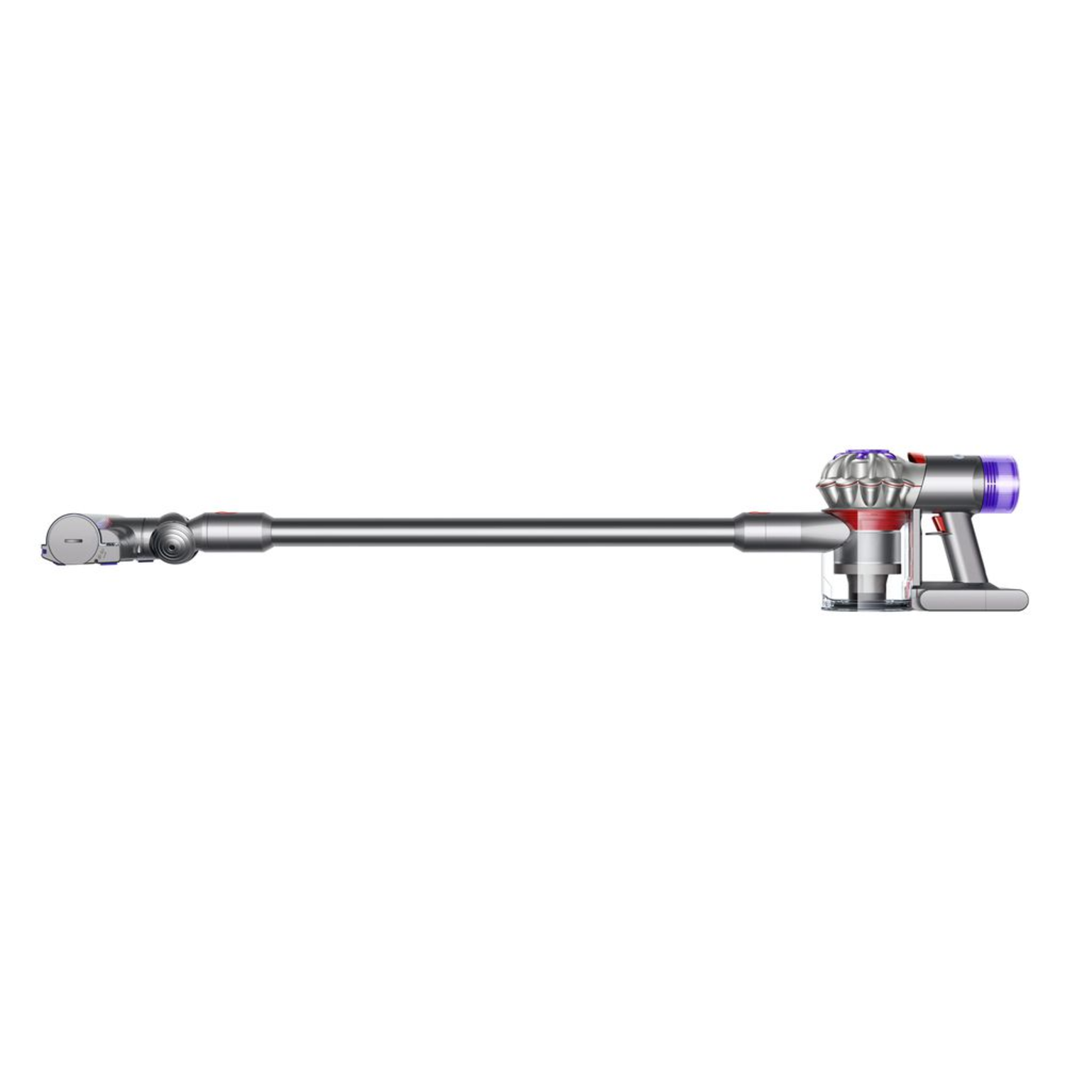 Een zilveren en paarse stofzuiger met een lange steel wordt getoond op een witte achtergrond.