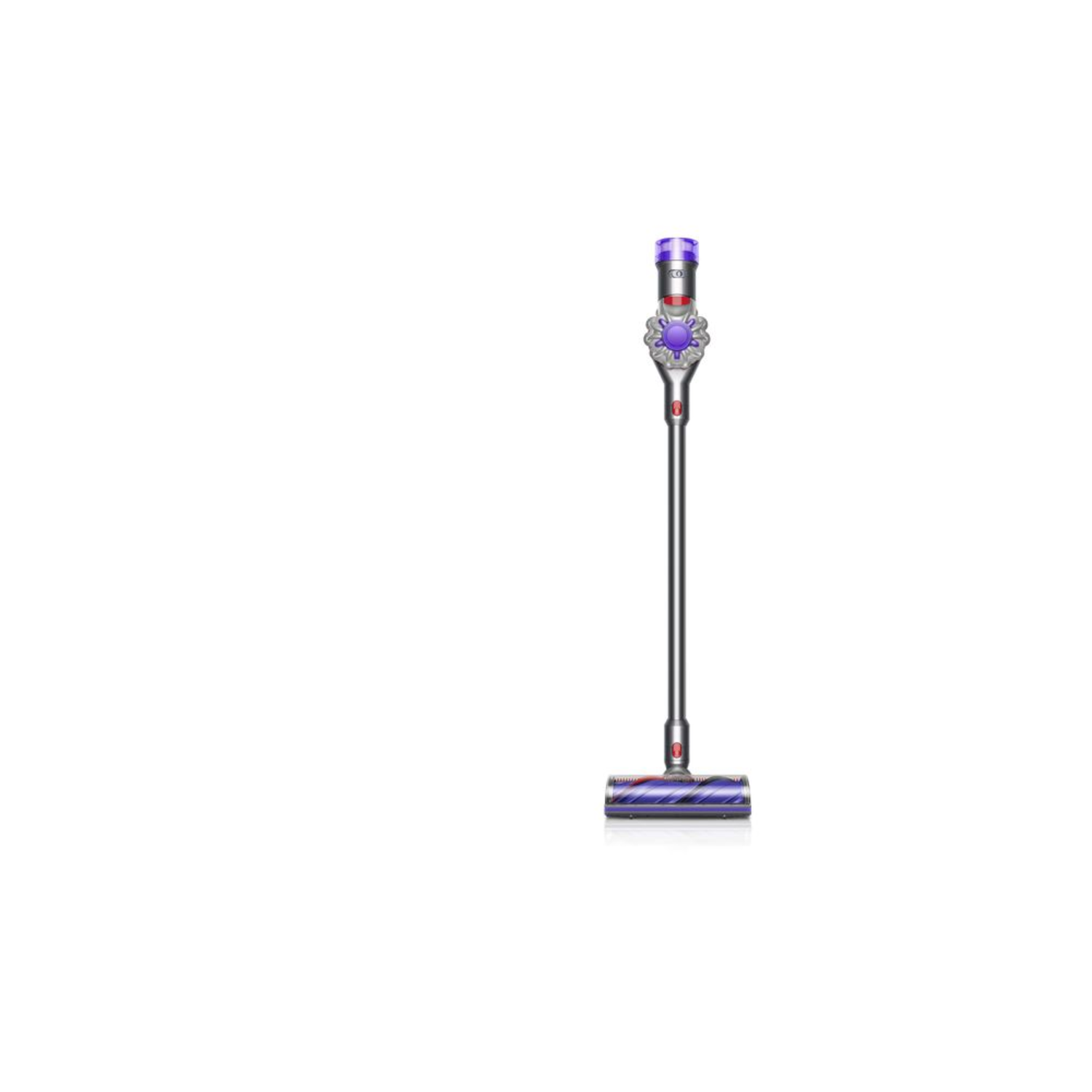 Dyson snoerloze stofzuiger. De stofzuiger is groen met paarse accenten. Witte achtergrond.