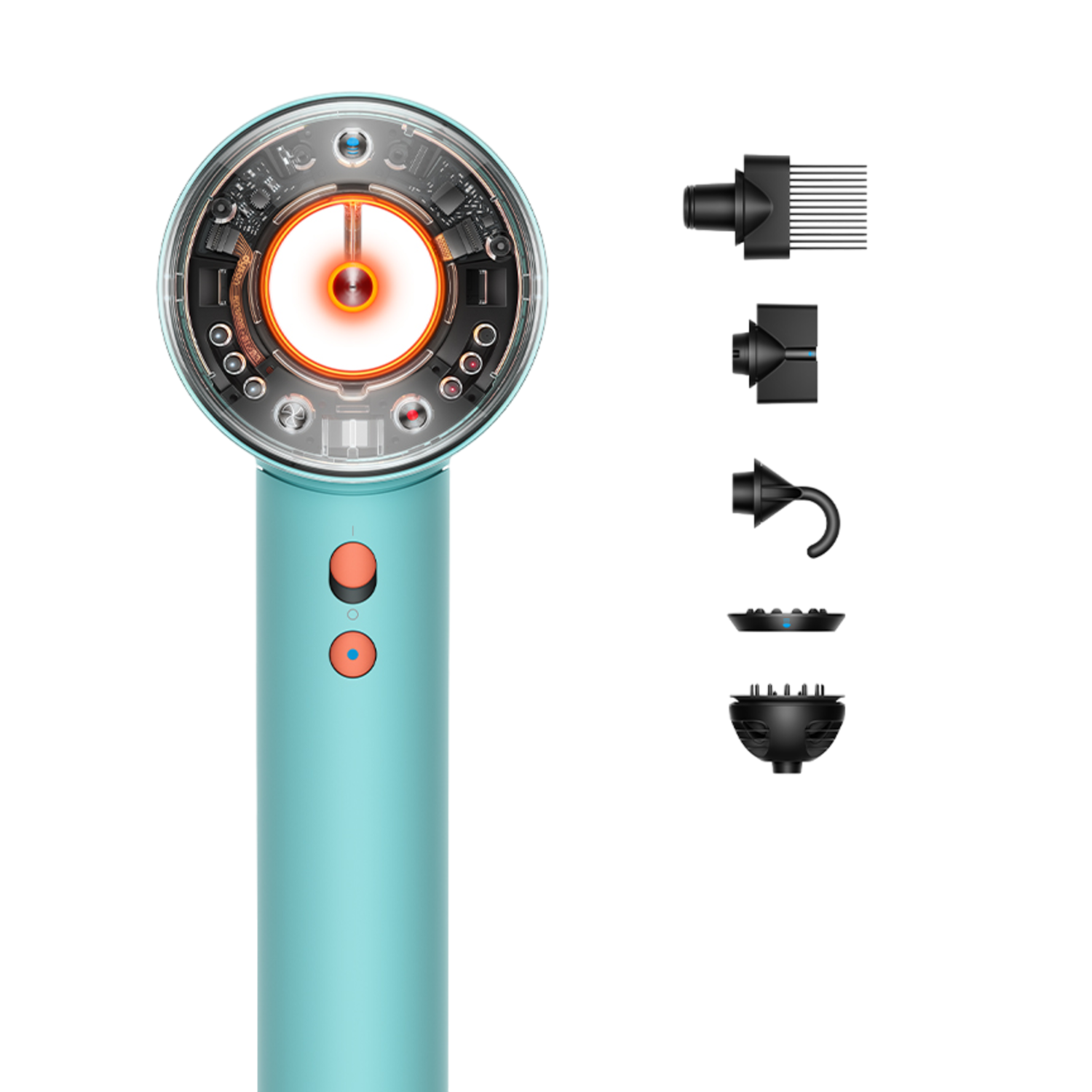 Blauwgroene haardroger met hulpstukken op zwarte achtergrond, interne onderdelen.