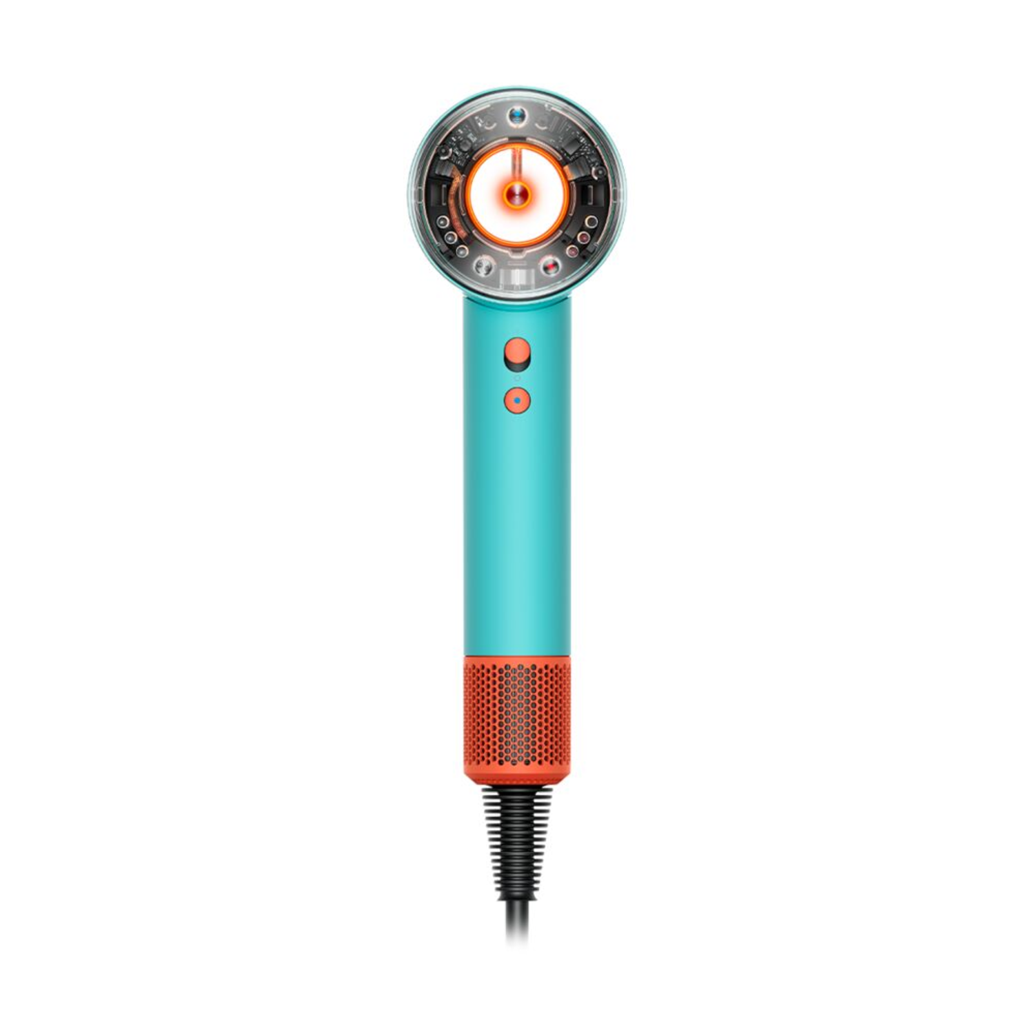 Turquoise en oranje haardroger met ronde kop en zwart snoer, geïsoleerd.