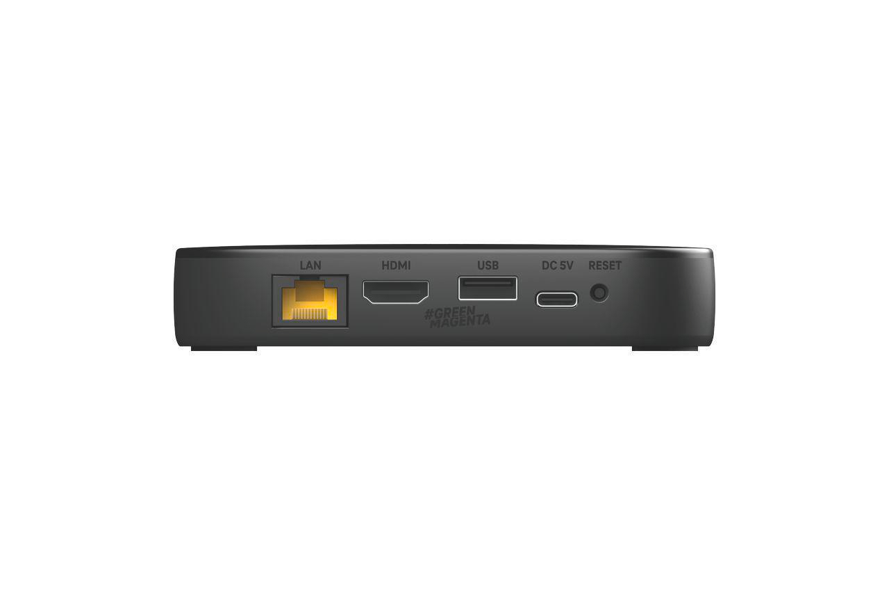 Schwarzes Gerät mit Anschlüssen: LAN, HDMI, USB, DC 5V und RESET.